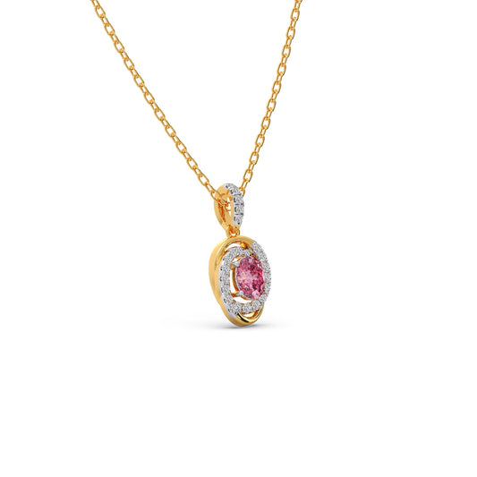Oval-Cut Pink Gemstone with Round Diamond Halo Pendant