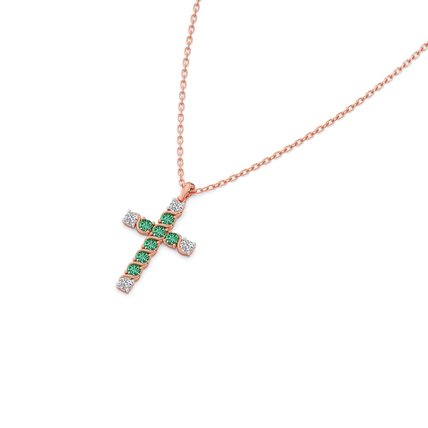 Round Diamond With Green Gemstone Cross Pendant