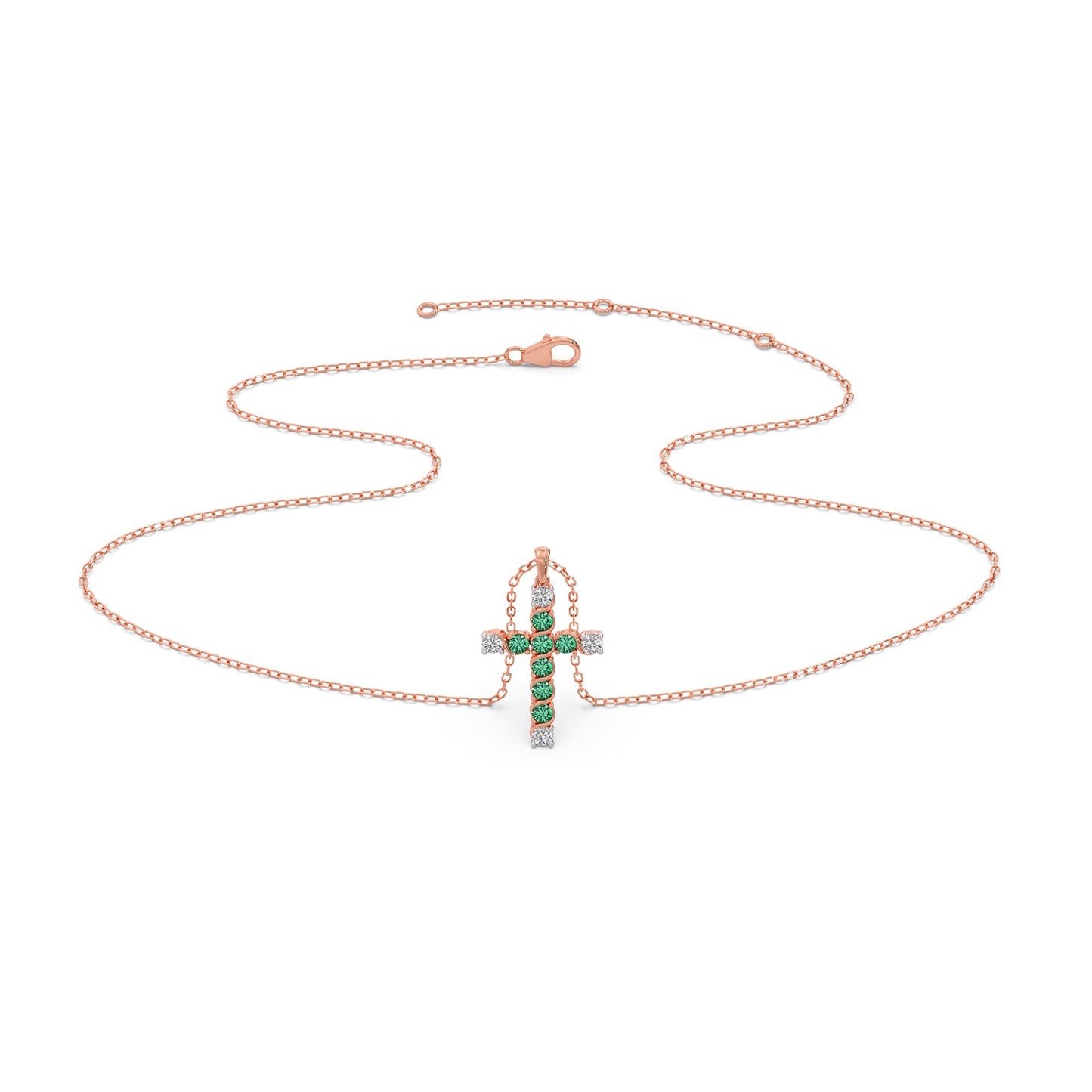 Round Diamond With Green Gemstone Cross Pendant