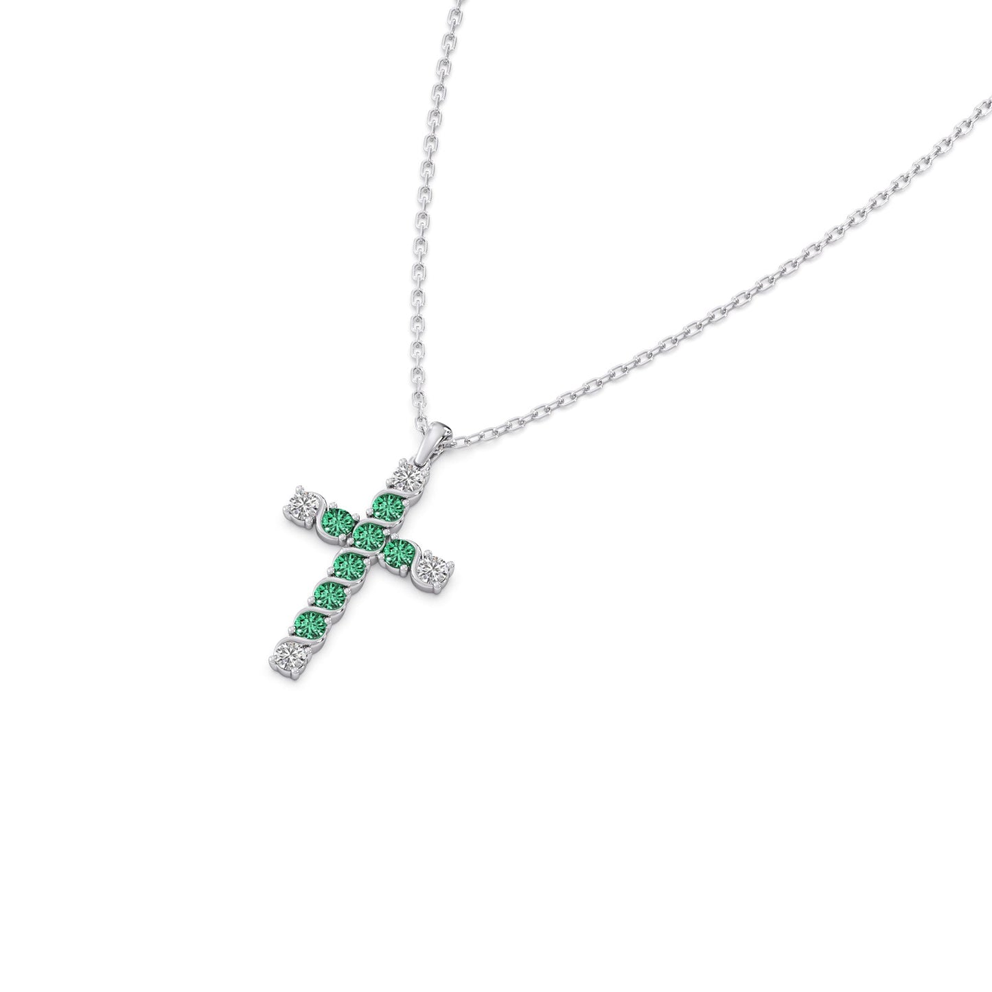 Round Diamond With Green Gemstone Cross Pendant