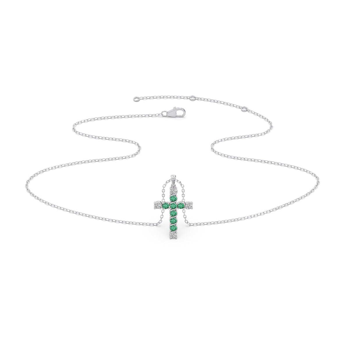 Round Diamond With Green Gemstone Cross Pendant