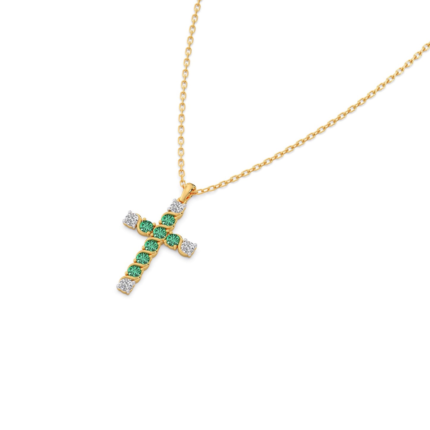 Round Diamond With Green Gemstone Cross Pendant