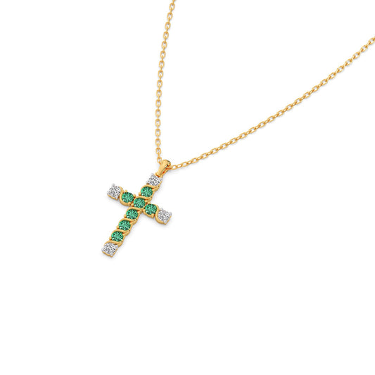 Round Diamond With Green Gemstone Cross Pendant