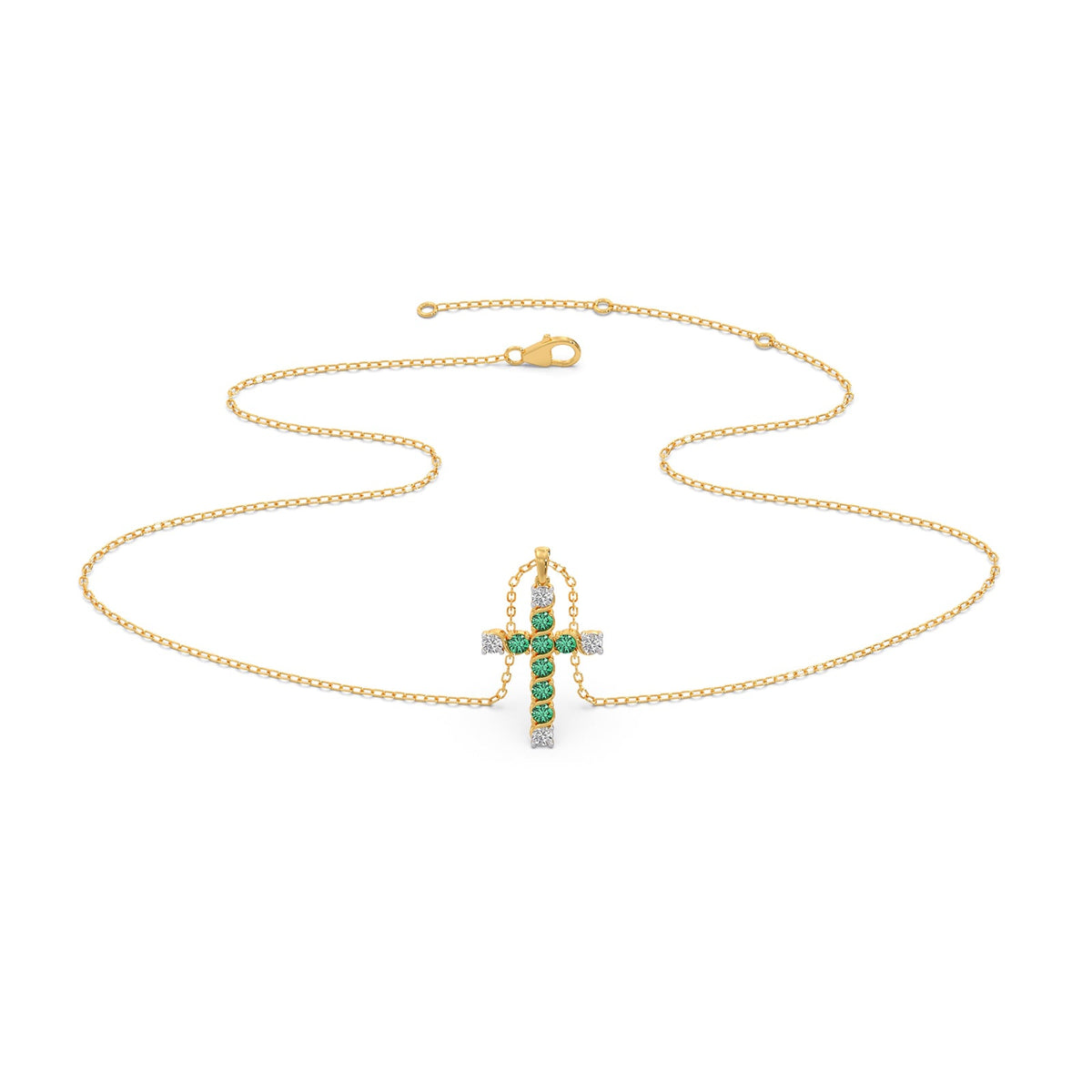Round Diamond With Green Gemstone Cross Pendant