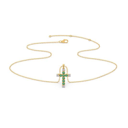 Round Diamond With Green Gemstone Cross Pendant