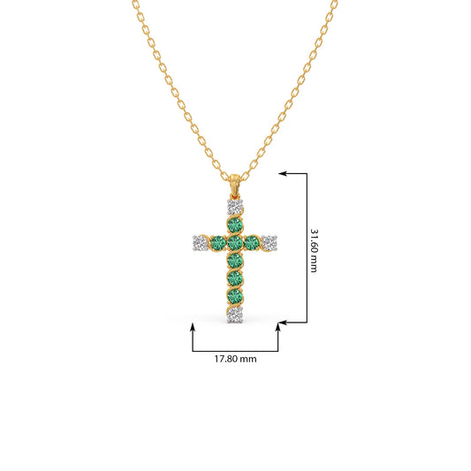 Round Diamond With Green Gemstone Cross Pendant