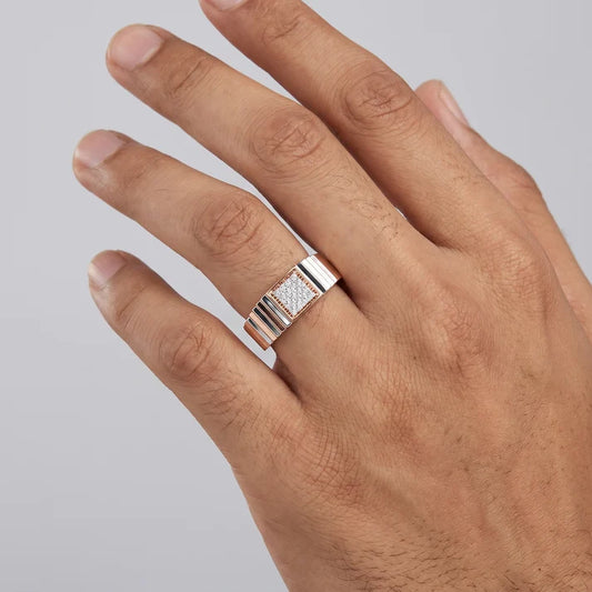 Square Cluster Diamond Men's Ring | Two Tone Ribbed Band Design
