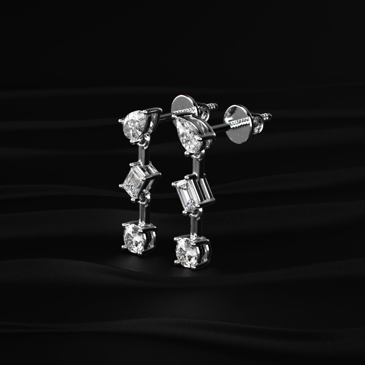 Three Stone Multi Shape Diamond Drop Earrings