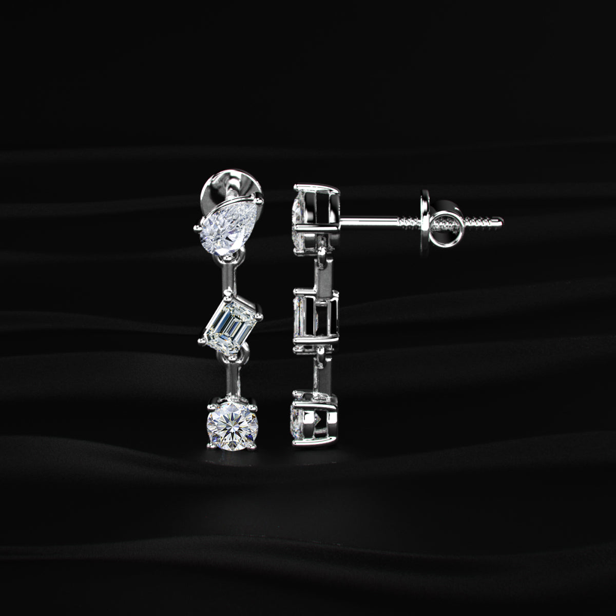 Three Stone Multi Shape Diamond Drop Earrings