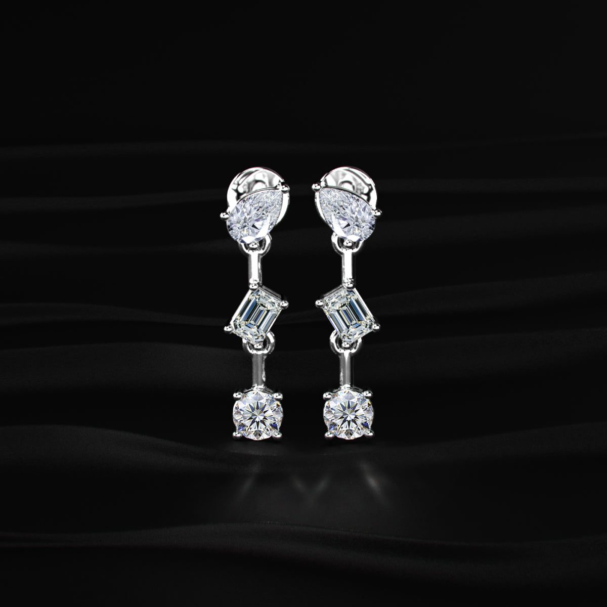 Three Stone Multi Shape Diamond Drop Earrings