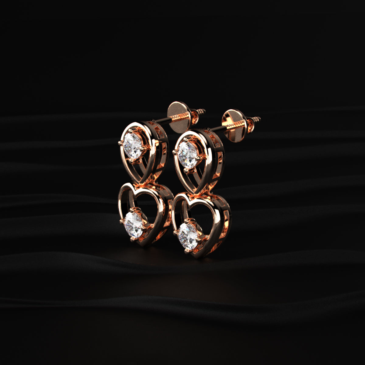 Round Diamond Heart Drop Earrings