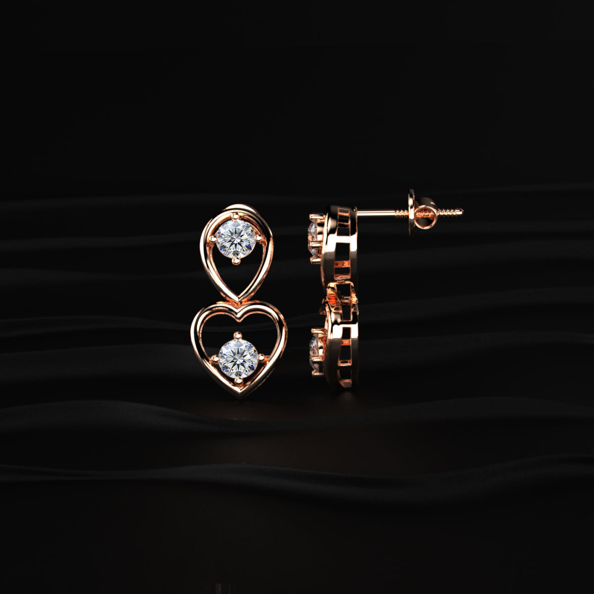 Round Diamond Heart Drop Earrings