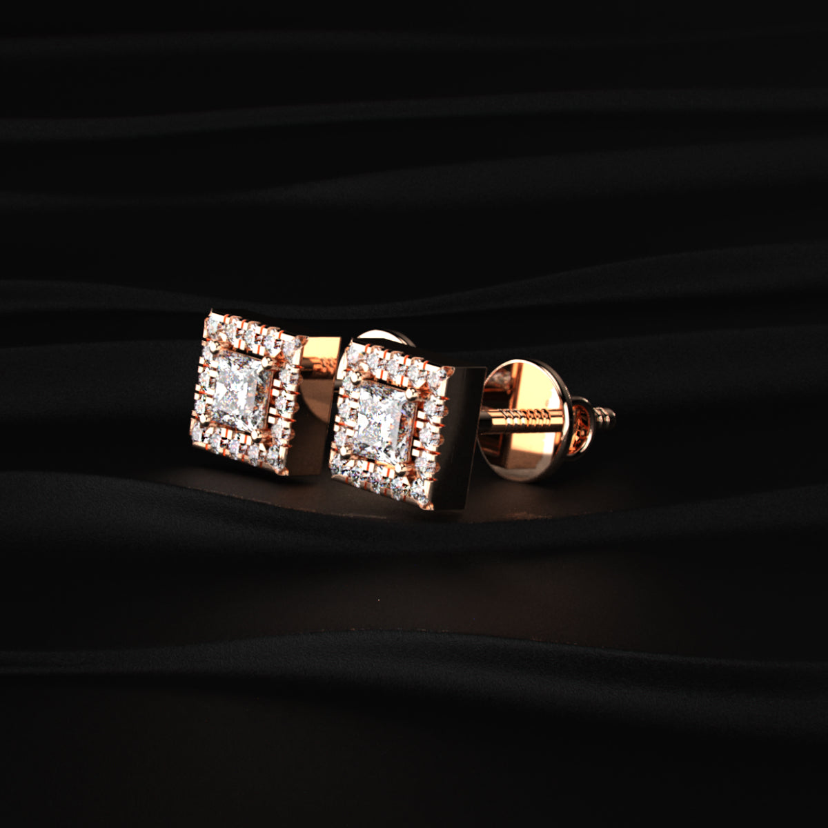 Princess Cut Halo Diamond Earrings