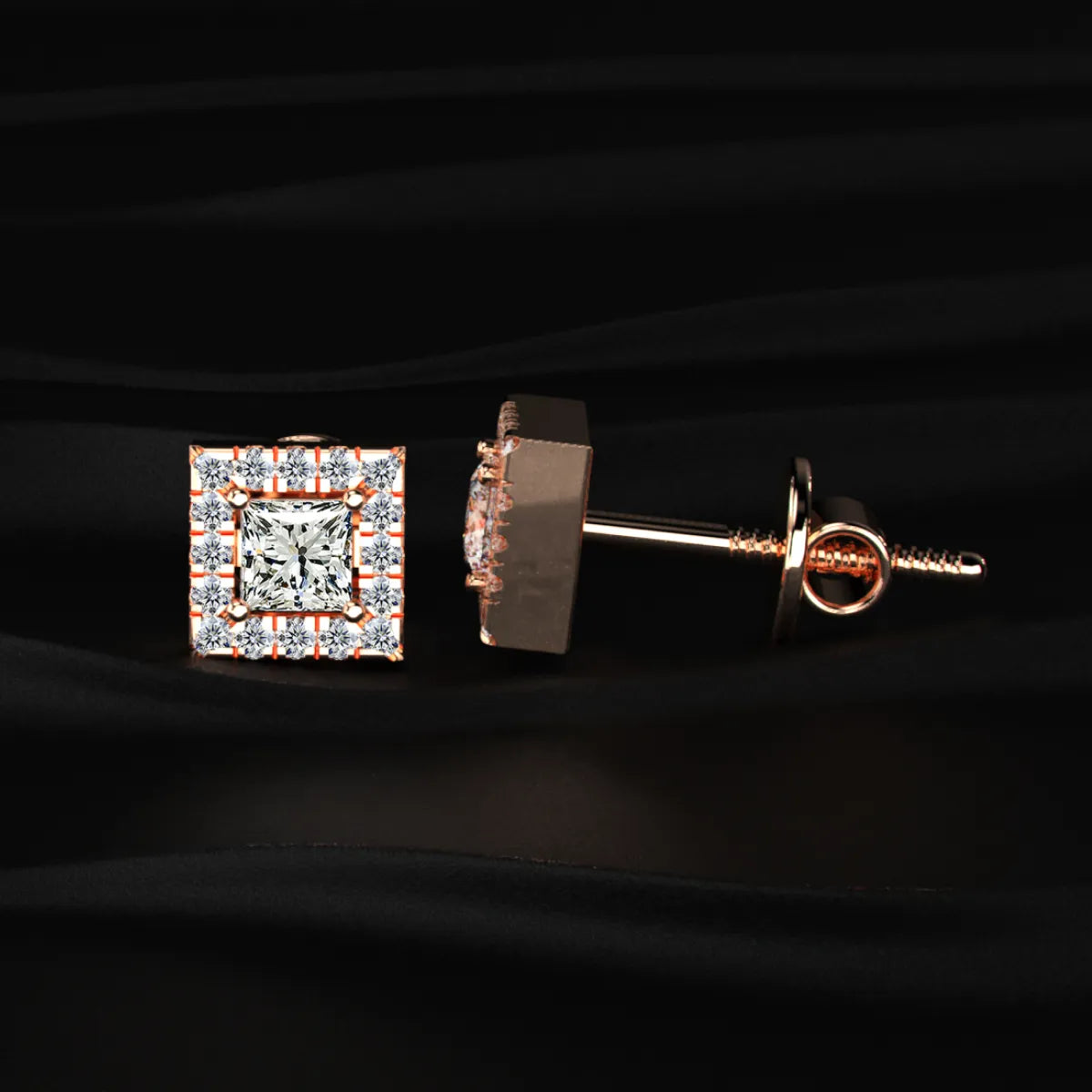 Princess Cut Halo Diamond Earrings