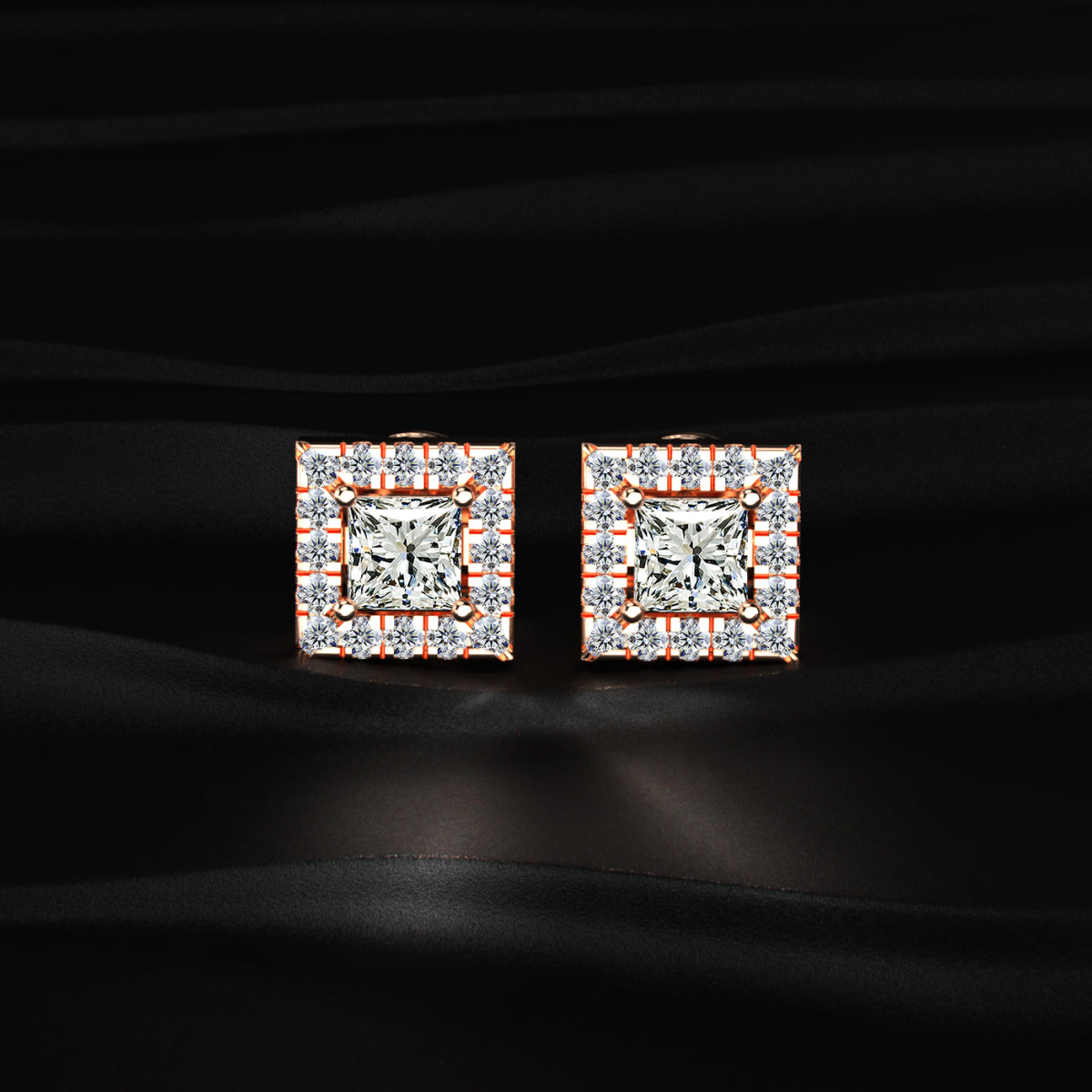 Princess Cut Halo Diamond Earrings