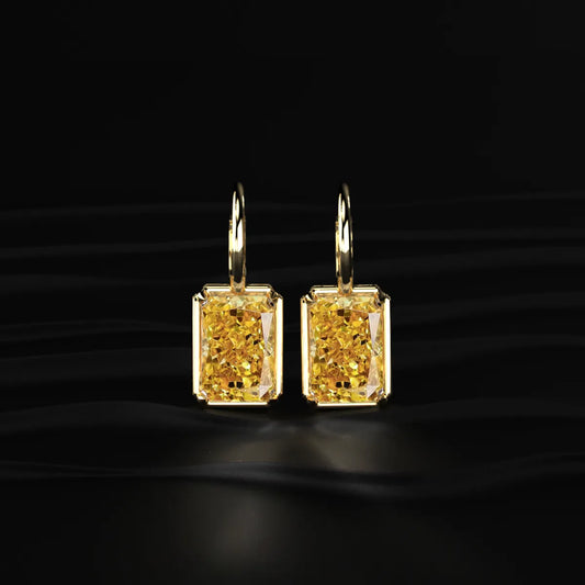Radiant Cut Yellow Diamond Solitaire Leverback Earrings