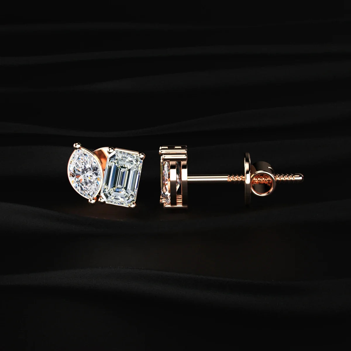 Marquise & Emerald Cut Lab Grown Diamond Toi et Moi Earrings