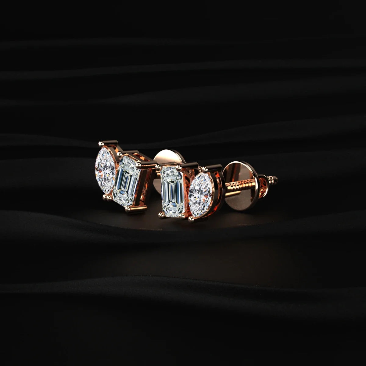Marquise & Emerald Cut Lab Grown Diamond Toi et Moi Earrings