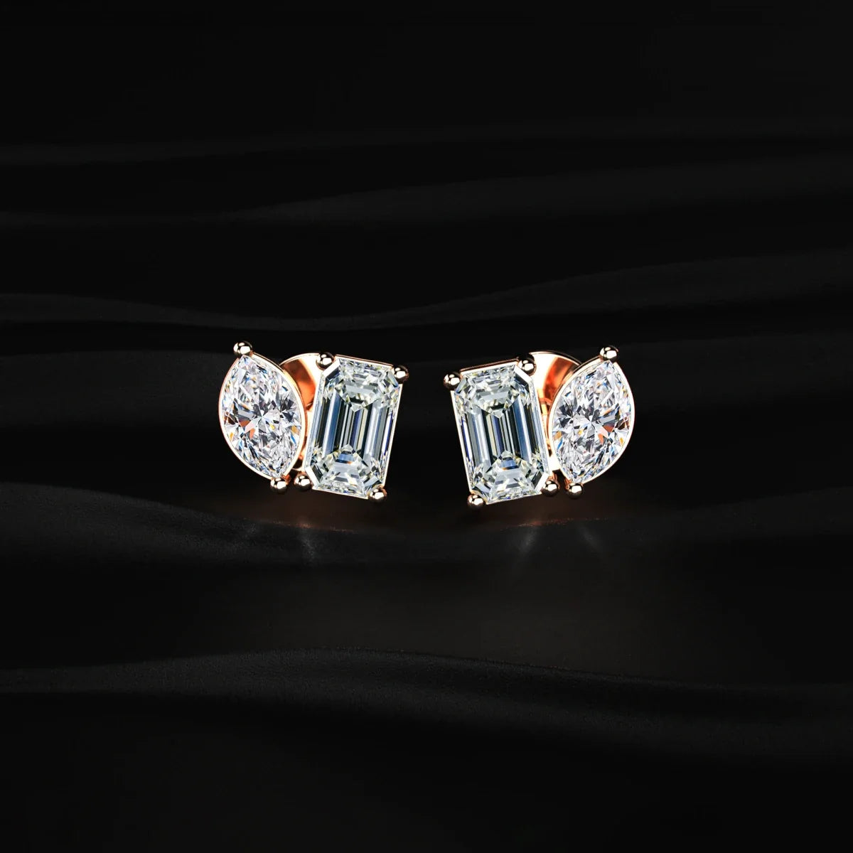 Marquise & Emerald Cut Lab Grown Diamond Toi et Moi Earrings