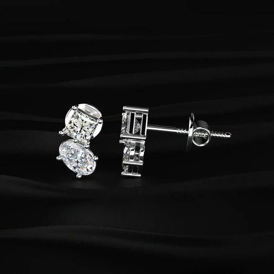 Toi et Moi Princess and Oval Diamond Stud Earrings