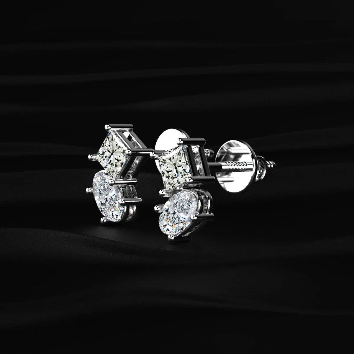 Toi et Moi Princess and Oval Diamond Stud Earrings