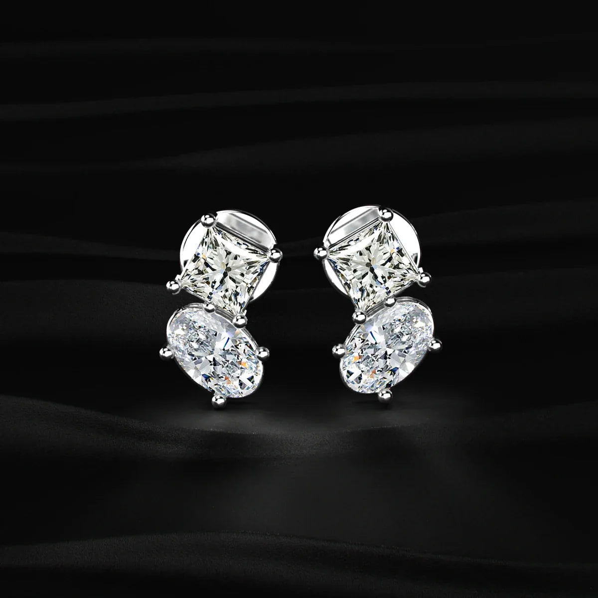 Toi et Moi Princess and Oval Diamond Stud Earrings