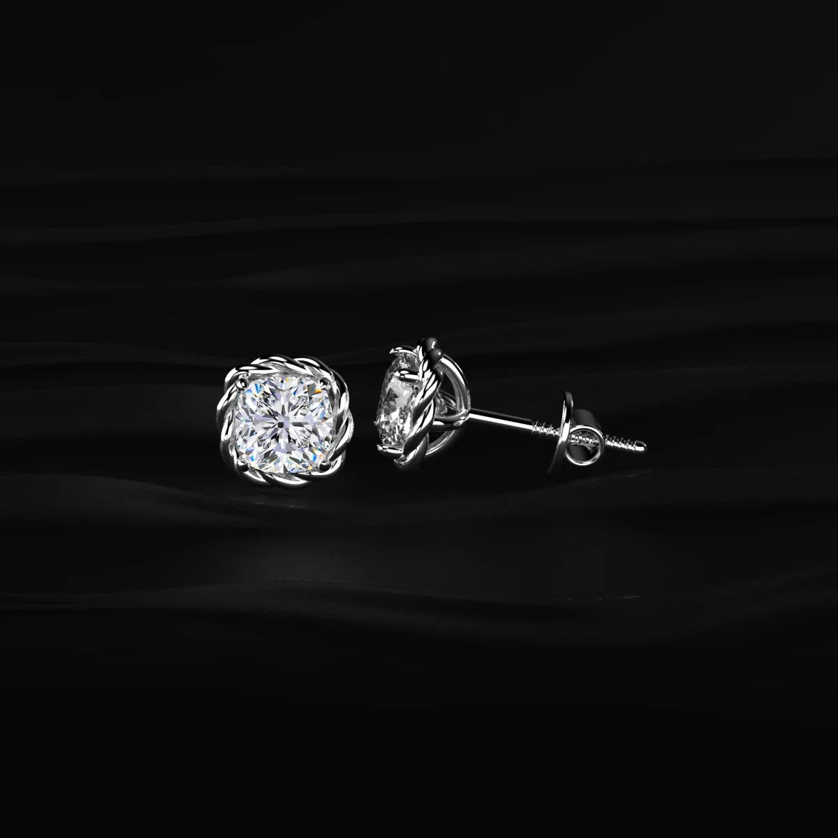Cushion Cut Diamond Stud Earrings with Twisted Rope Frame