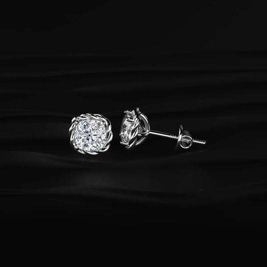 Cushion Cut Diamond Stud Earrings with Twisted Rope Frame