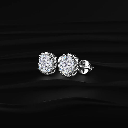 Cushion Cut Diamond Stud Earrings with Twisted Rope Frame