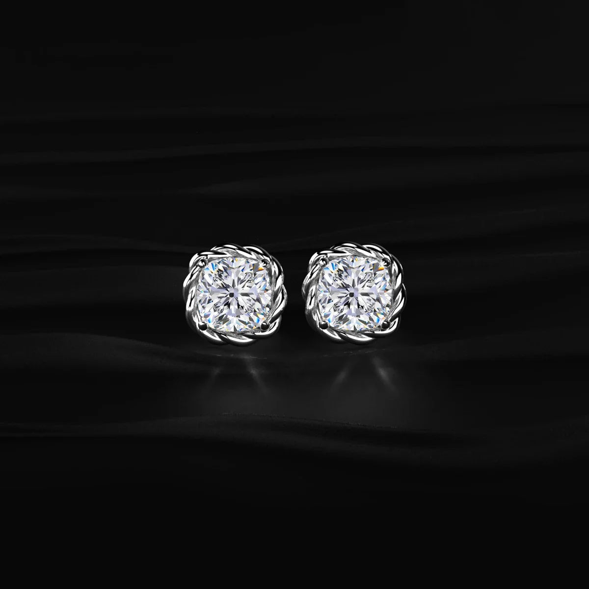 Cushion Cut Diamond Stud Earrings with Twisted Rope Frame