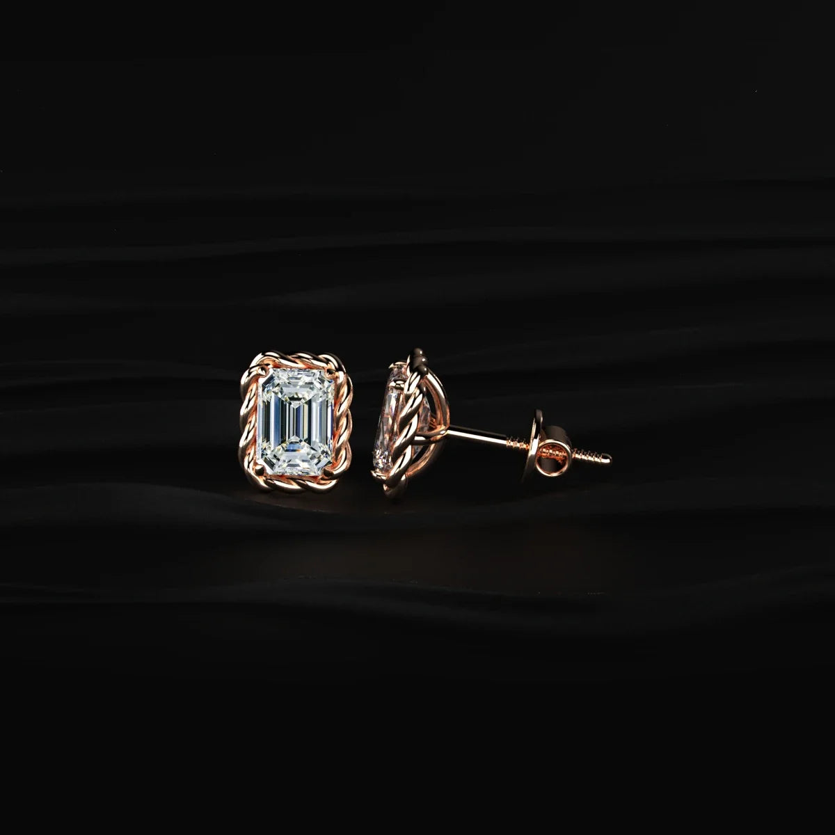 Emerald Cut Diamond Stud Earrings with Twisted Rope Frame