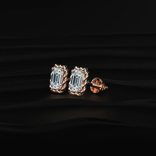 Emerald Cut Diamond Stud Earrings with Twisted Rope Frame