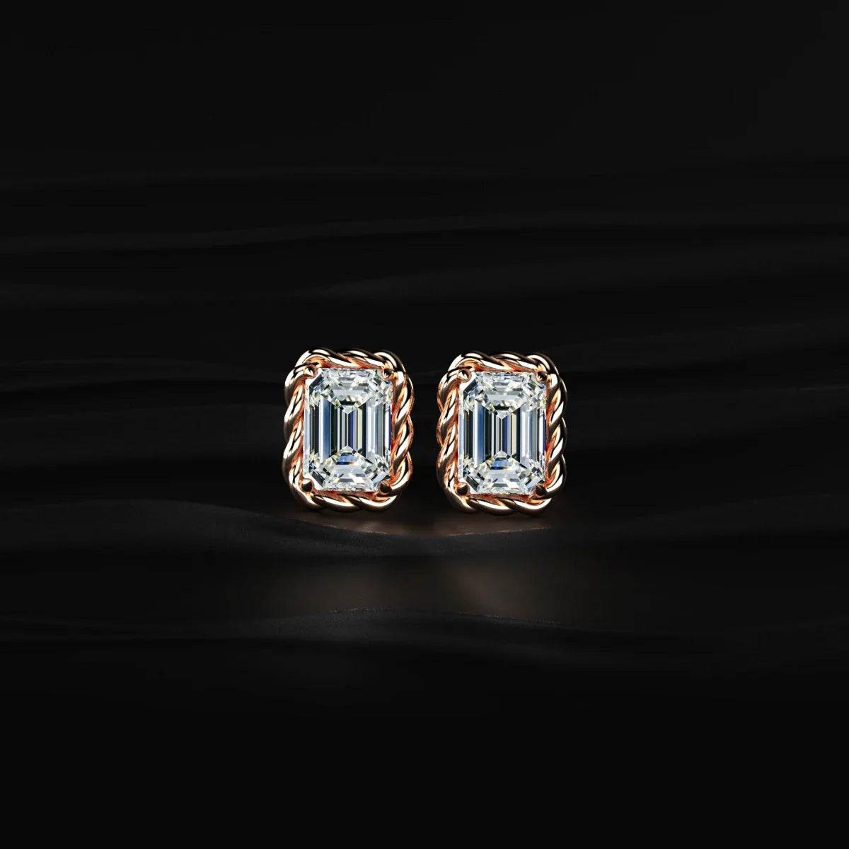 Emerald Cut Diamond Stud Earrings with Twisted Rope Frame