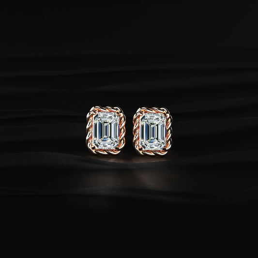 Emerald Cut Diamond Stud Earrings with Twisted Rope Frame