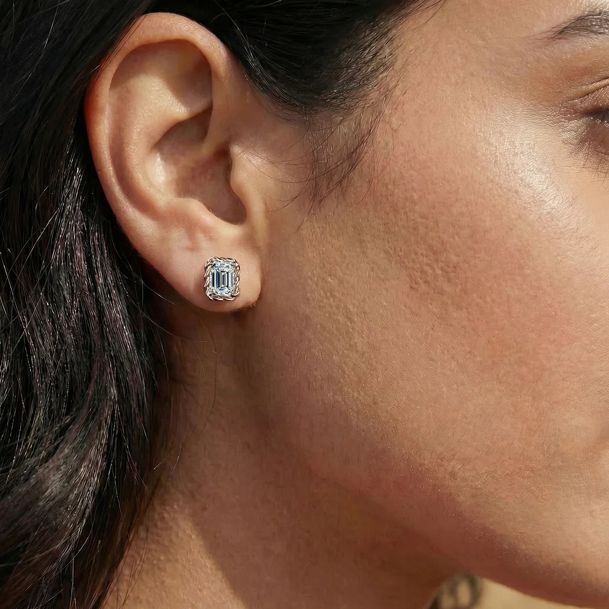 Emerald Cut Diamond Stud Earrings with Twisted Rope Frame