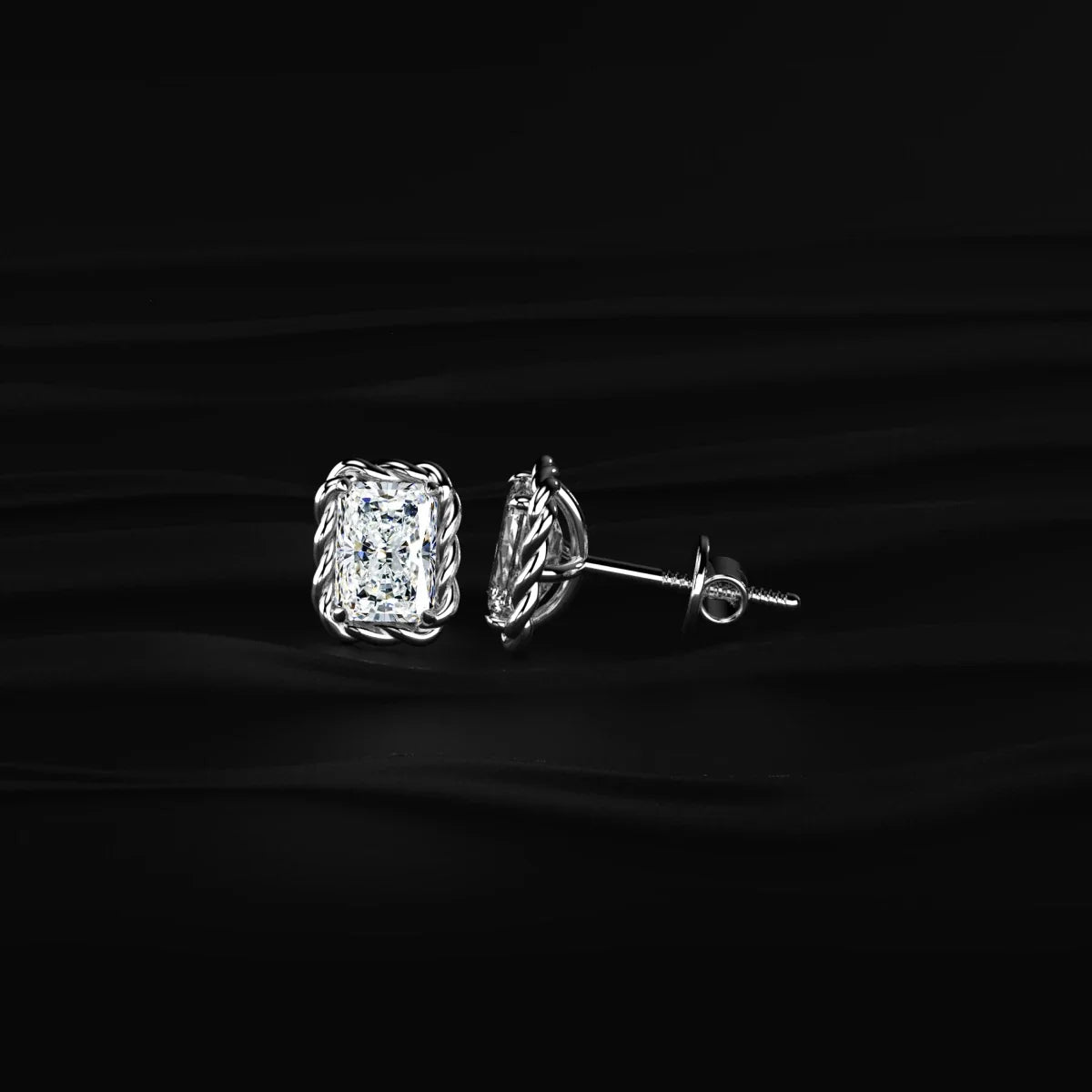 Radiant Cut Diamond Stud Earrings With Twisted Rope Frame