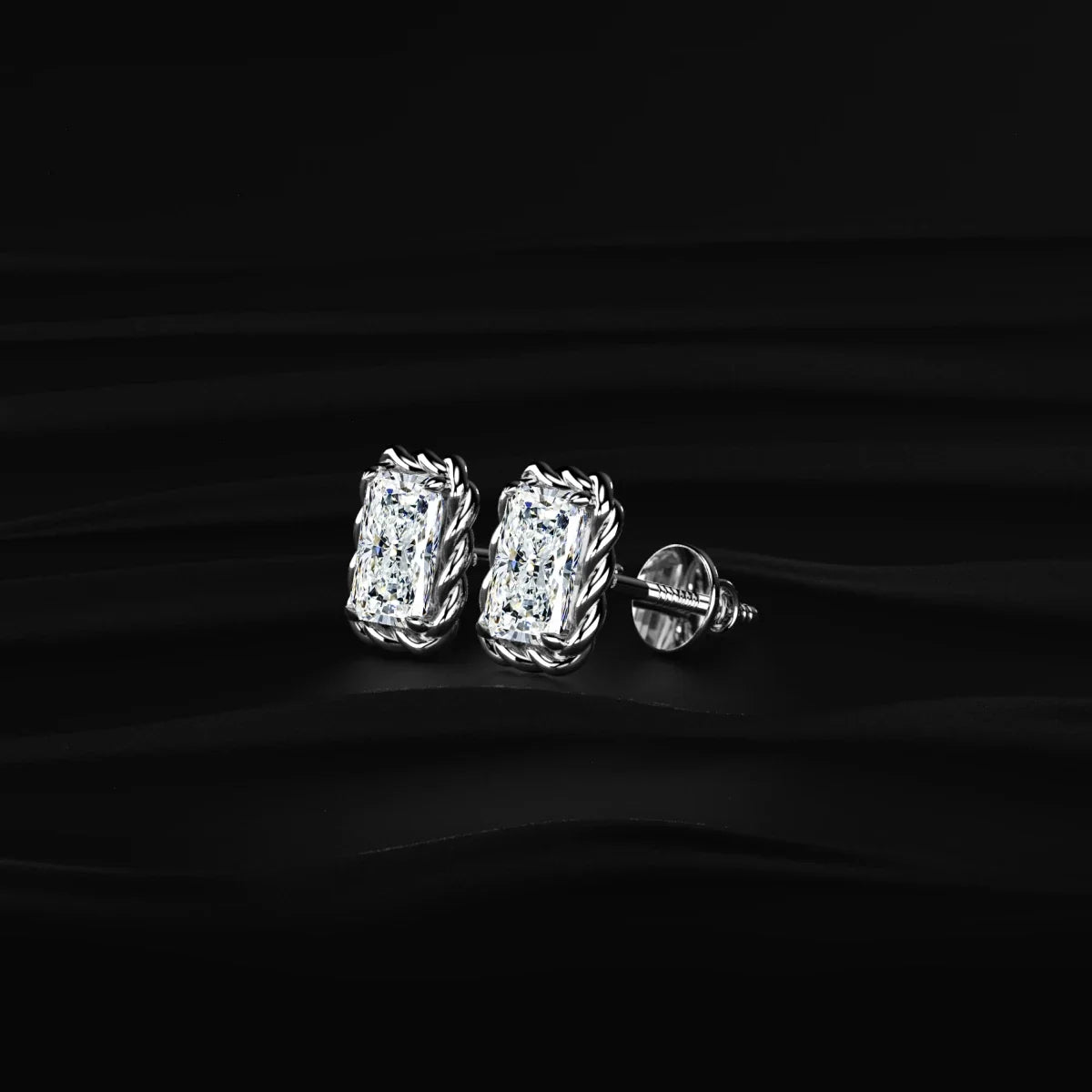 Radiant Cut Diamond Stud Earrings With Twisted Rope Frame