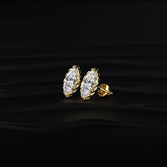 Marquise Cut Diamond Stud Earrings with Twisted Rope Frame