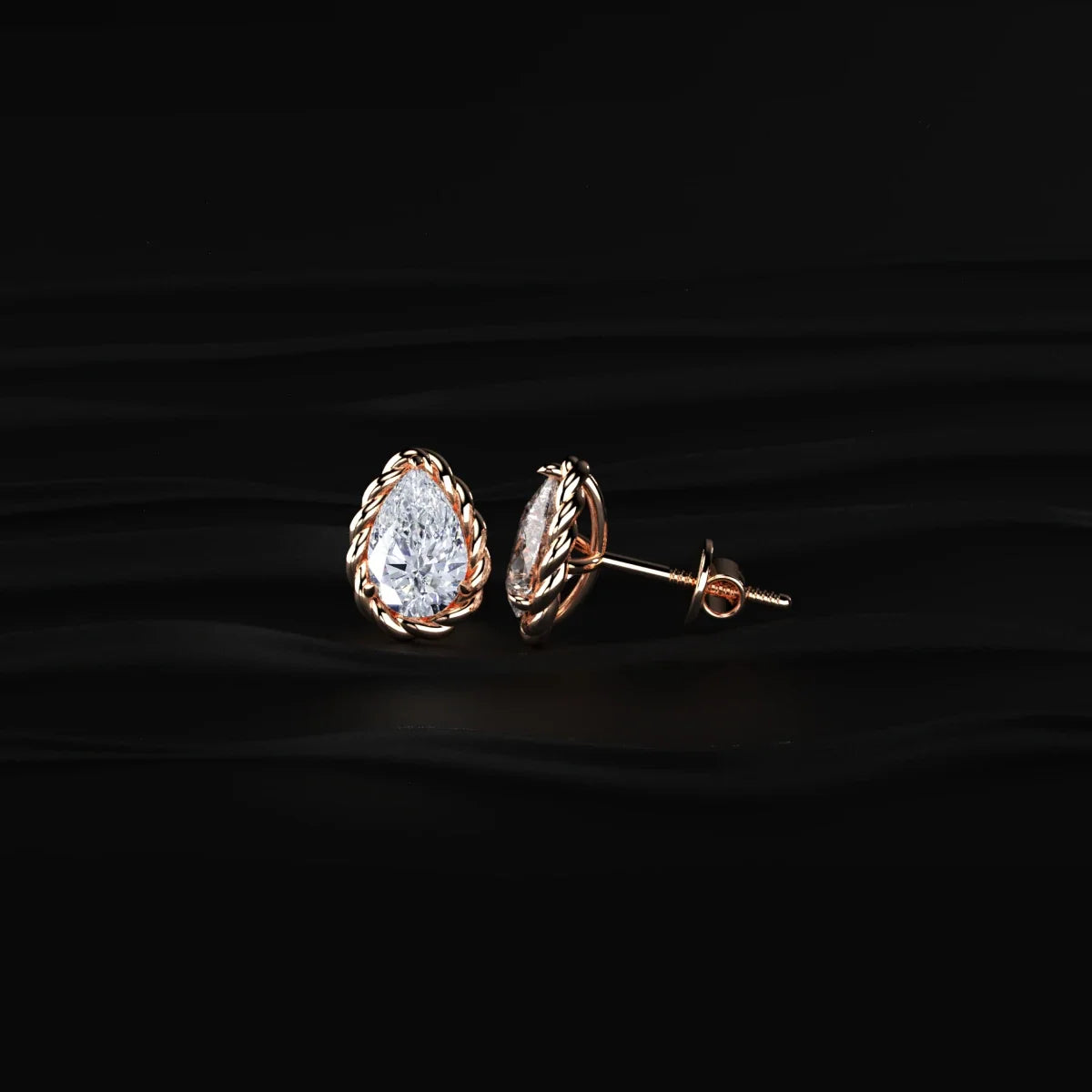 Pear Cut Diamond Stud Earrings with Twisted Rope Frame