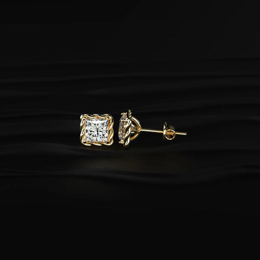 Princess Cut Diamond Stud Earrings with Twisted Rope Frame