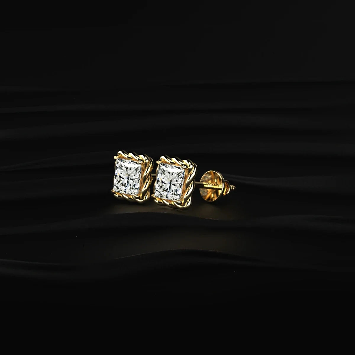 Princess Cut Diamond Stud Earrings with Twisted Rope Frame