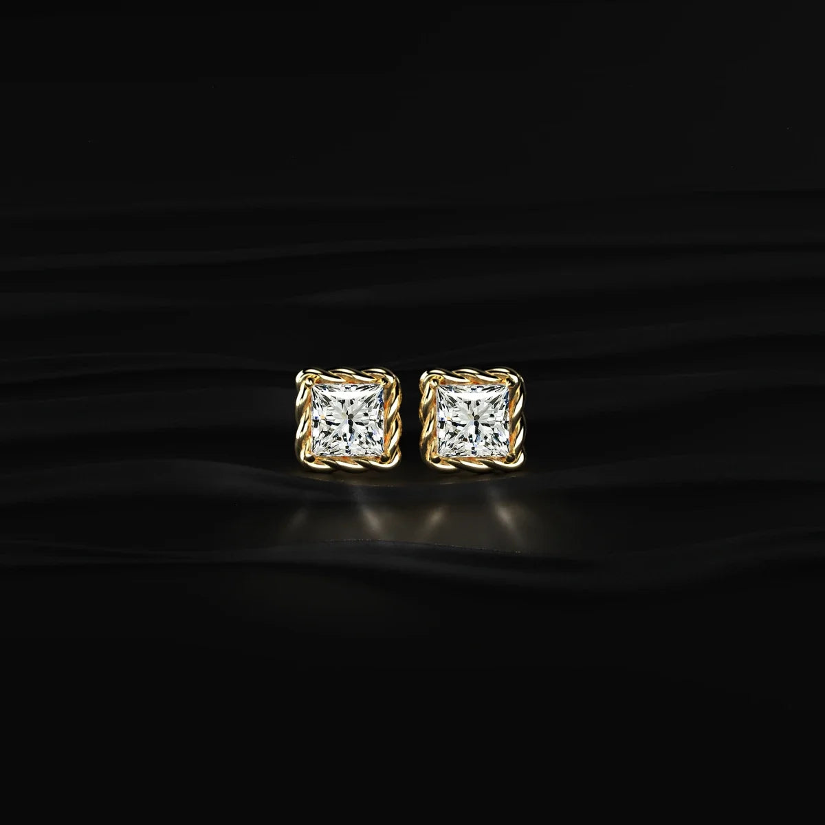 Princess Cut Diamond Stud Earrings with Twisted Rope Frame