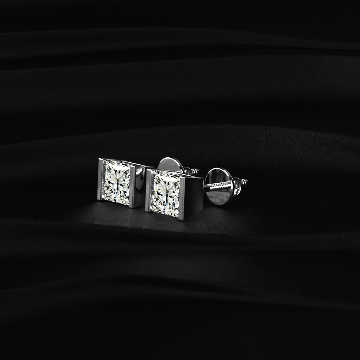 Princess Cut Diamond Stud Earrings with Half Bezel Setting