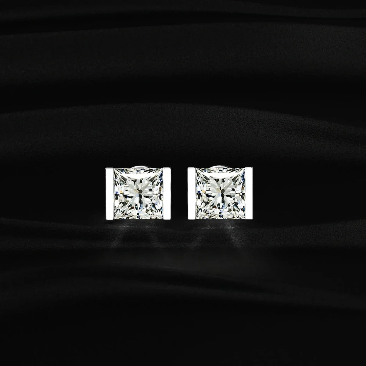 Princess Cut Diamond Stud Earrings with Half Bezel Setting