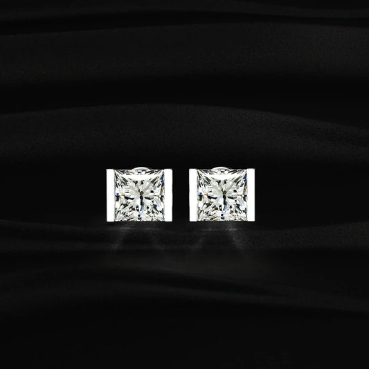 Princess Cut Diamond Stud Earrings with Half Bezel Setting