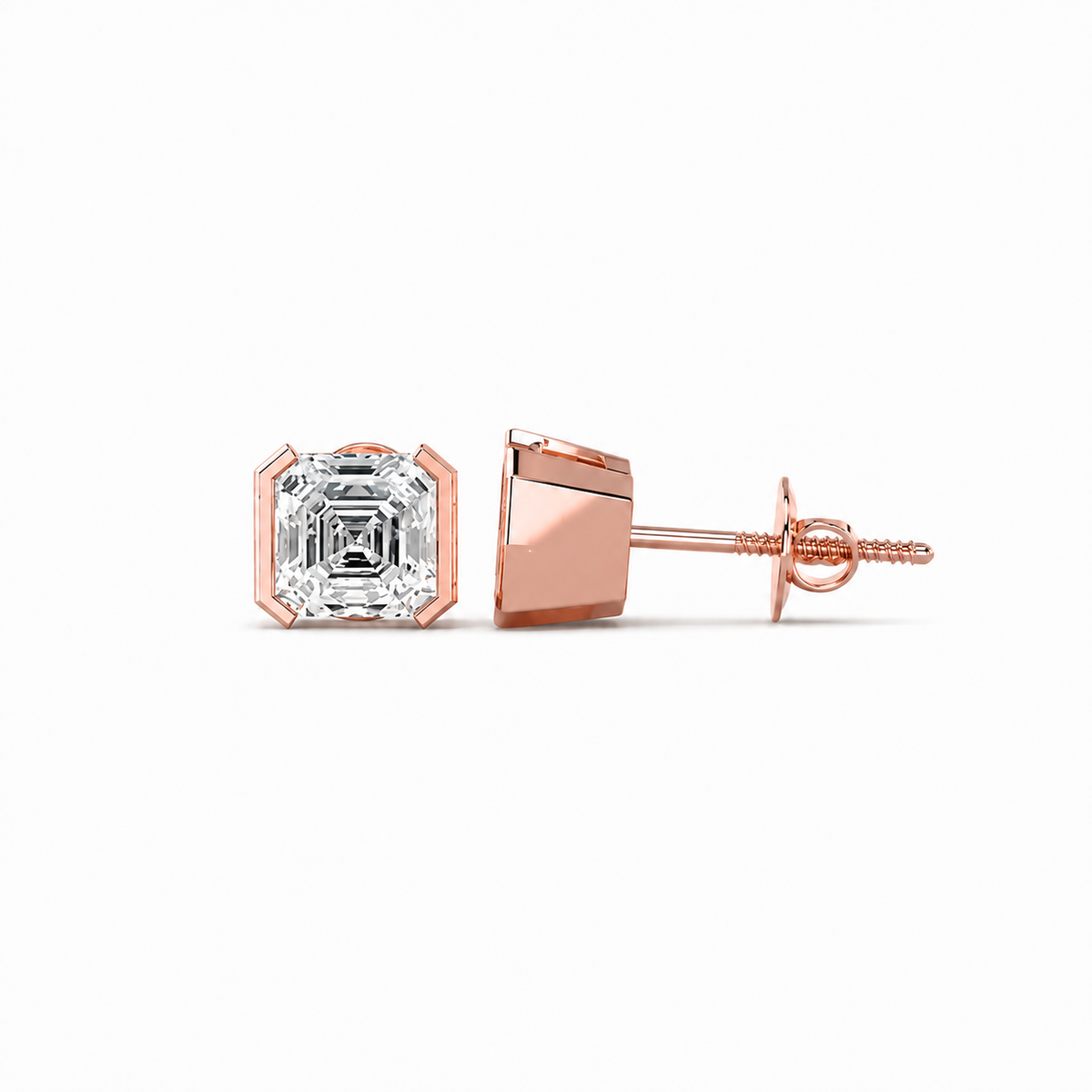 Asscher Cut Diamond Stud Earrings with Half Bezel Setting
