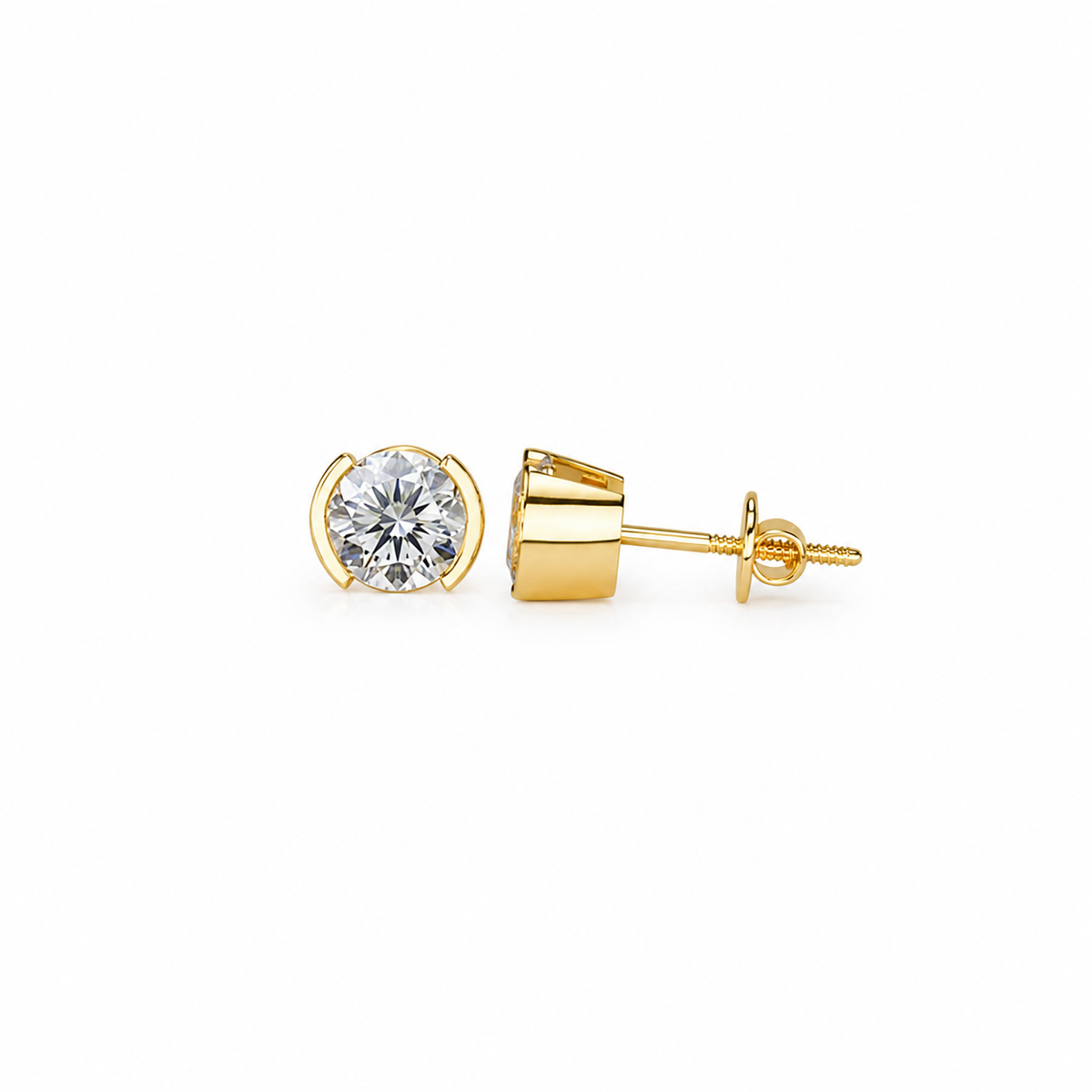 Round Shape Diamond Stud Earrings with Half Bezel Setting