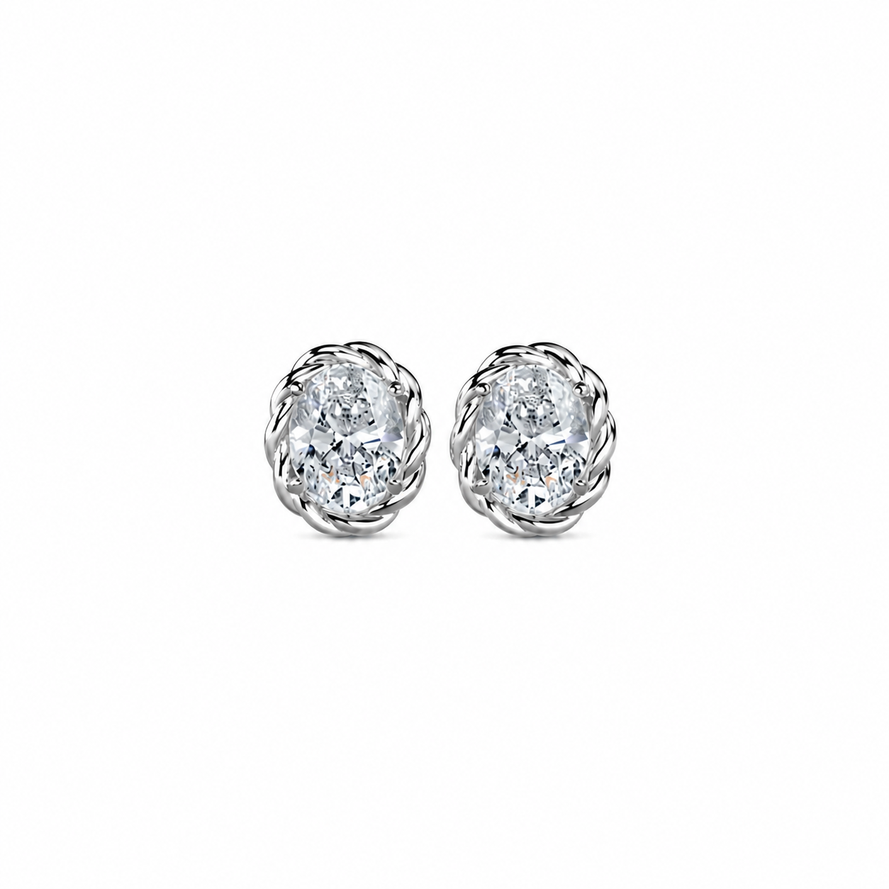 Oval Cut Diamond Stud Earrings with Twisted Rope Frame