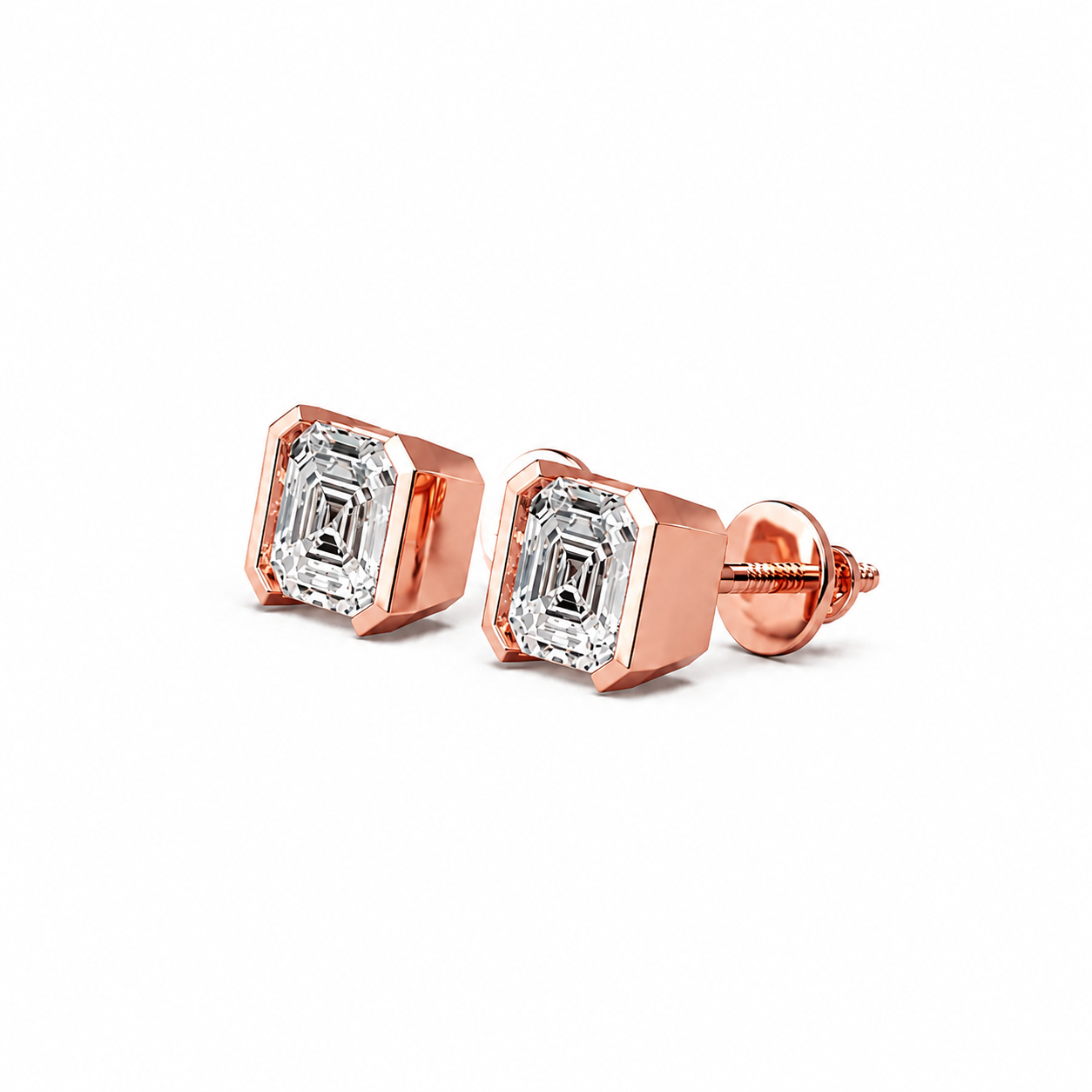 Asscher Cut Diamond Stud Earrings with Half Bezel Setting