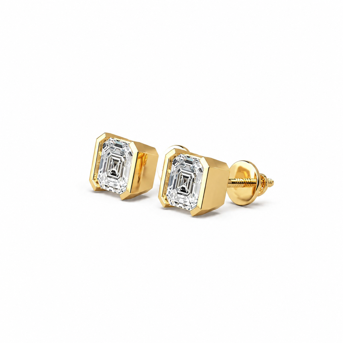 Asscher Cut Diamond Stud Earrings with Half Bezel Setting